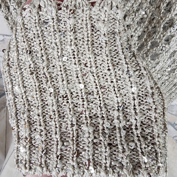 Joseph Ribkoff V Neck Crochet Knit Sweater Sequin Champange Size XXL - Picture 2 of 15